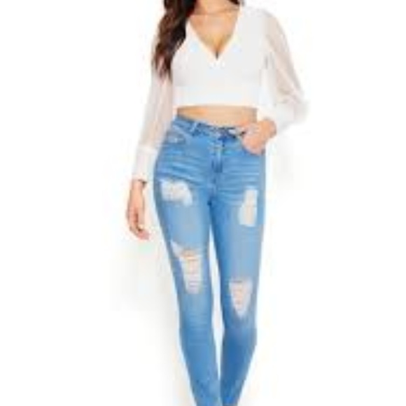 SOLD IN BUNDLE - BEBE DISTRESSED JEANS & WHITE BODYCON SHIRT - Picture 3 of 7